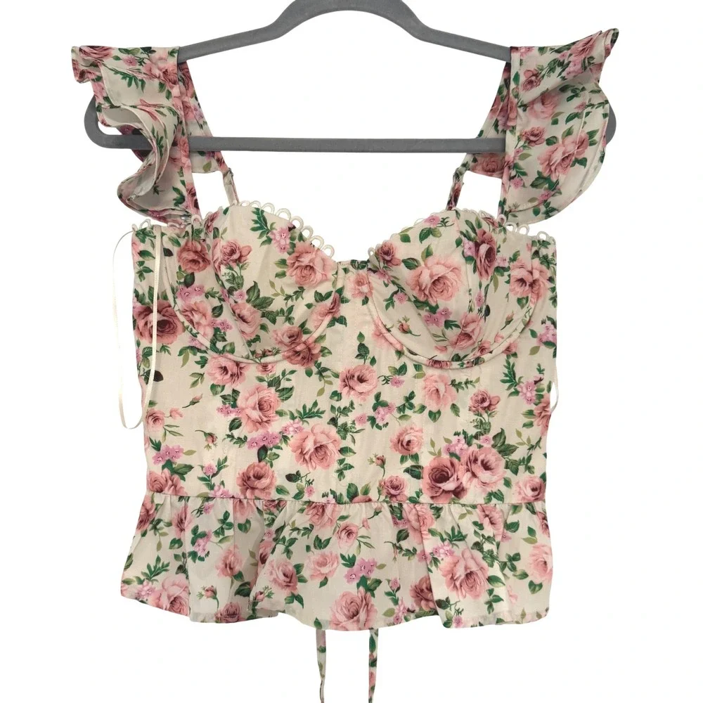 NWOT VICI Floral Lace Up Corset Top Pink Cream Rose Ruffle Peplum Lined Small - Picture 3 of 8